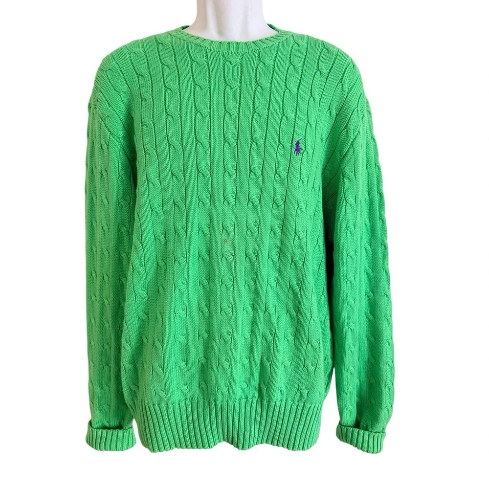 Vintage Polo Ralph Lauren Men Sweater XL Crewneck Cable Green Purple Pony Preppy